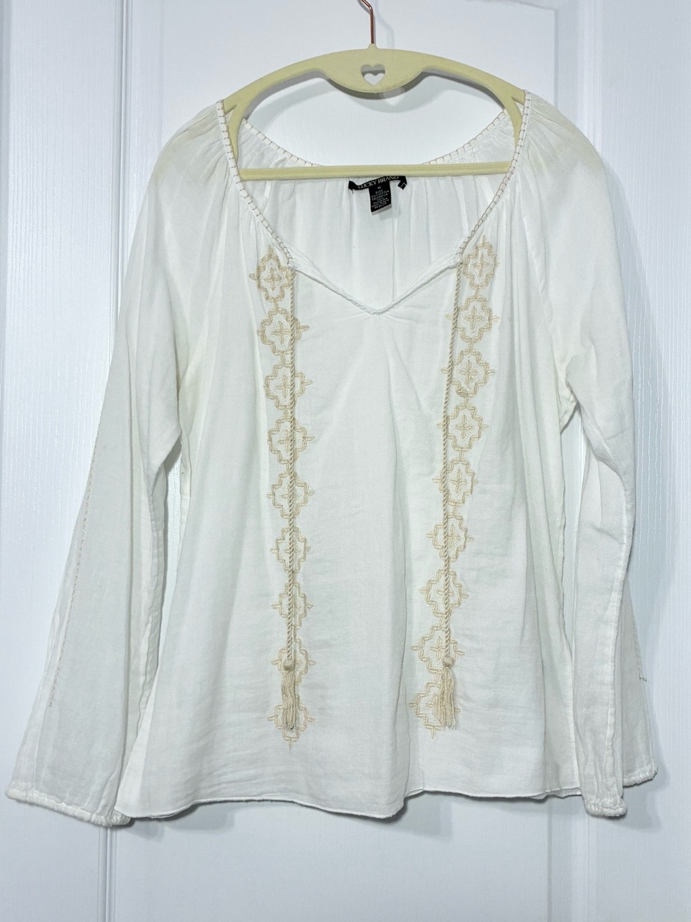 Y2K VTG Lucky Brand Embroidered Peasant Boho Blouse White Cream Size Medium